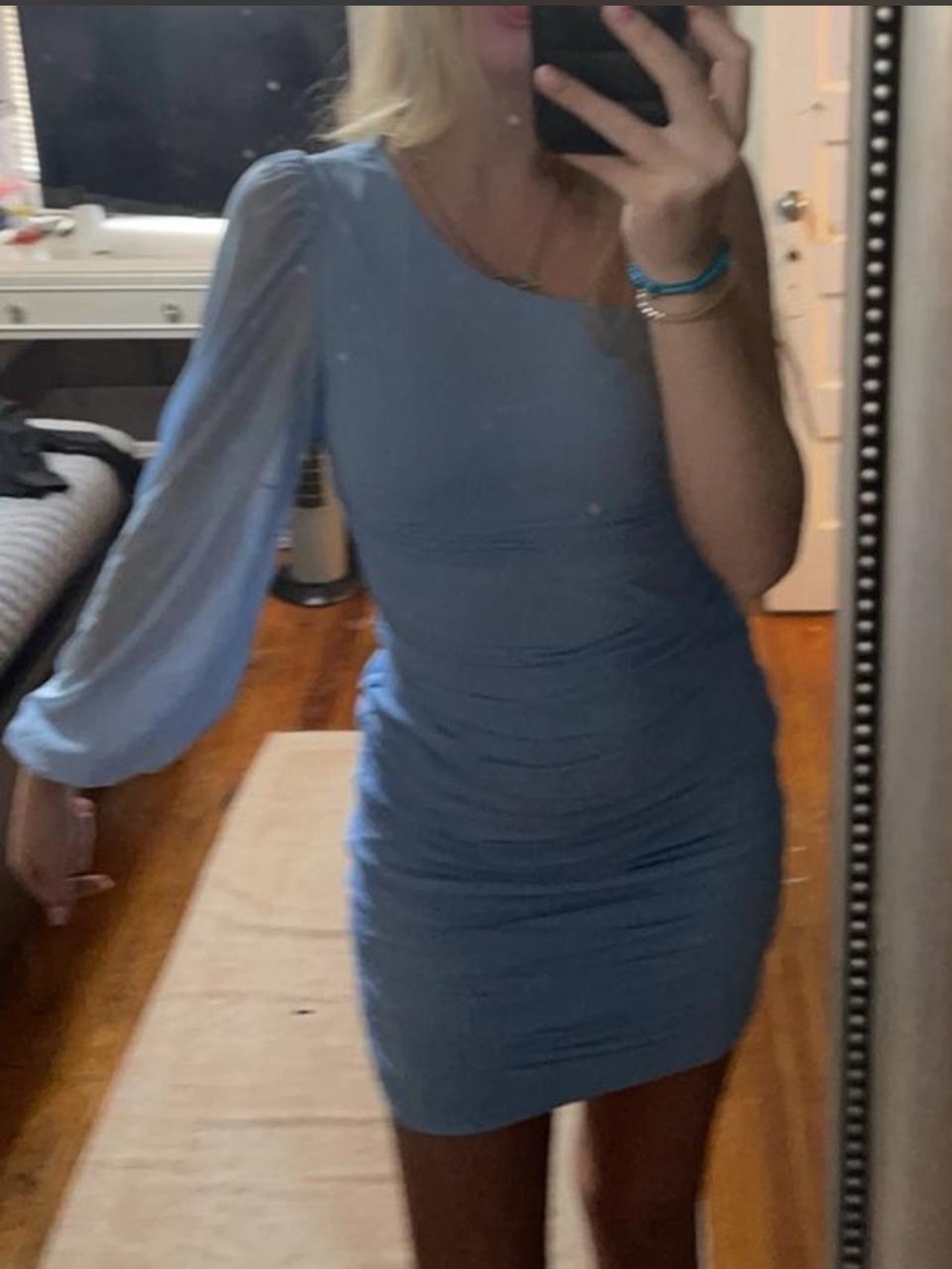 SHEIN Light Blue One-Arm Puff Sleeve Ruched Mini Dress